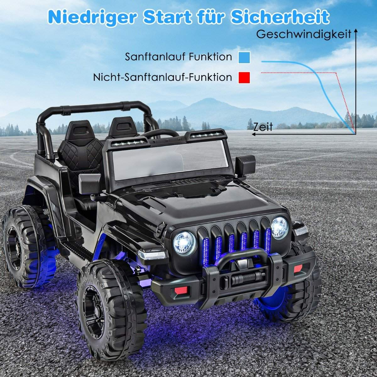 Black kids' Jeep with blue lights and a speed graph.