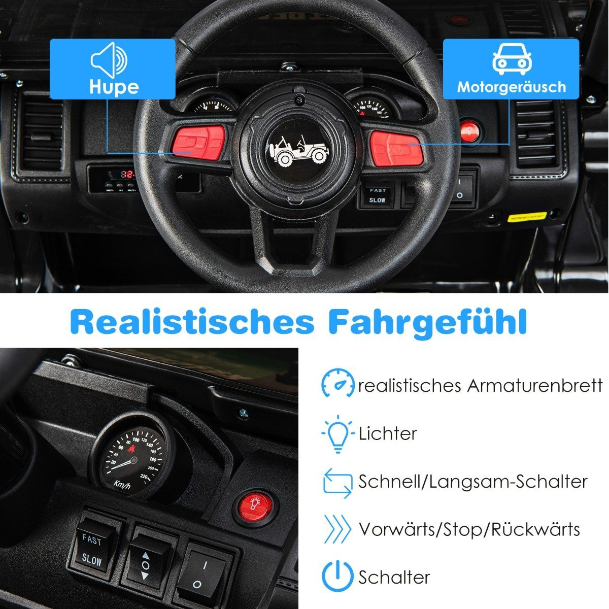 Toy car dashboard with horn, engine sound, speedometer, and switches.