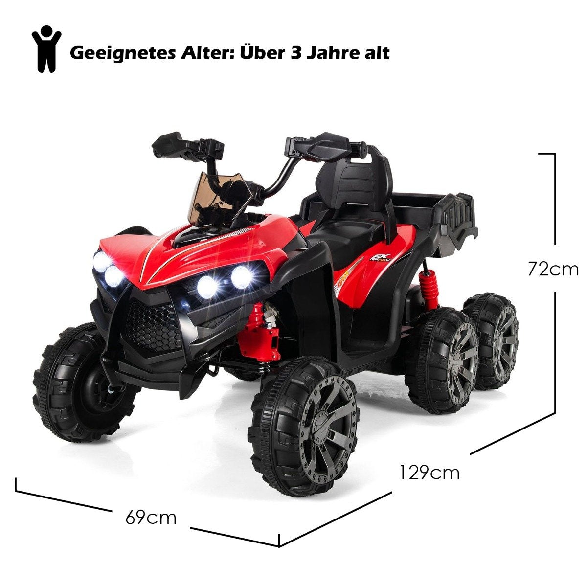 A red children's quad bike with four wheels, headlights, and a seat.