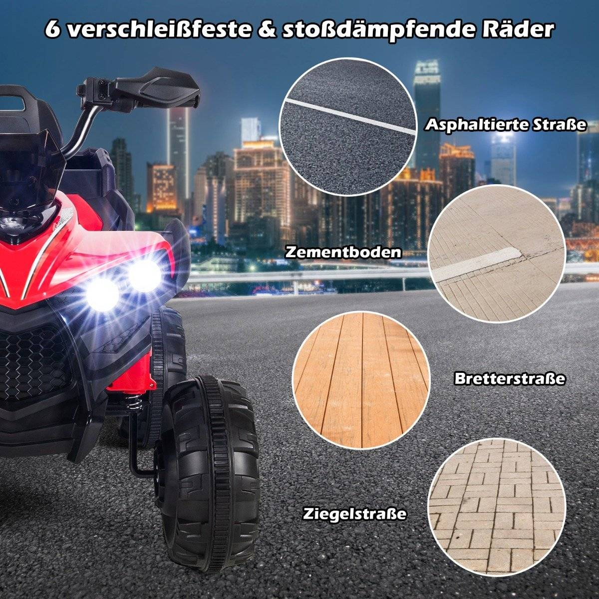 Red quad bike with lights and four wheels on asphalt, city background.