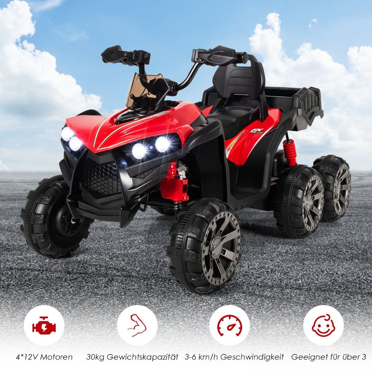 Red children's quad with six wheels and headlights.