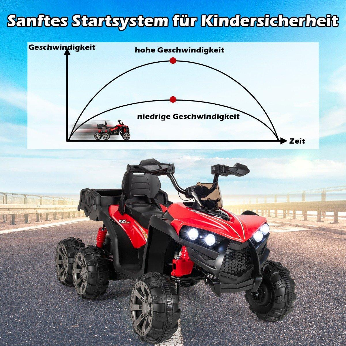 Red six-wheeled children's quad with acceleration graph.