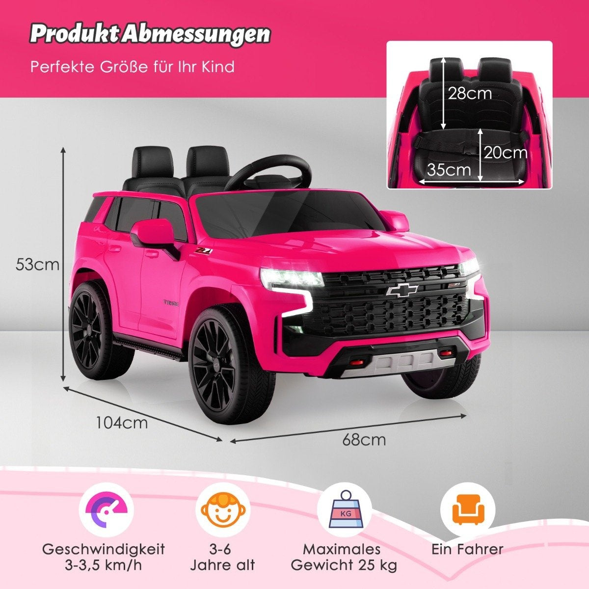 Pink ride-on car with dimensions: 104cm L, 68cm W, 53cm H. Seat: 35cm W, 28cm H, 20cm D.