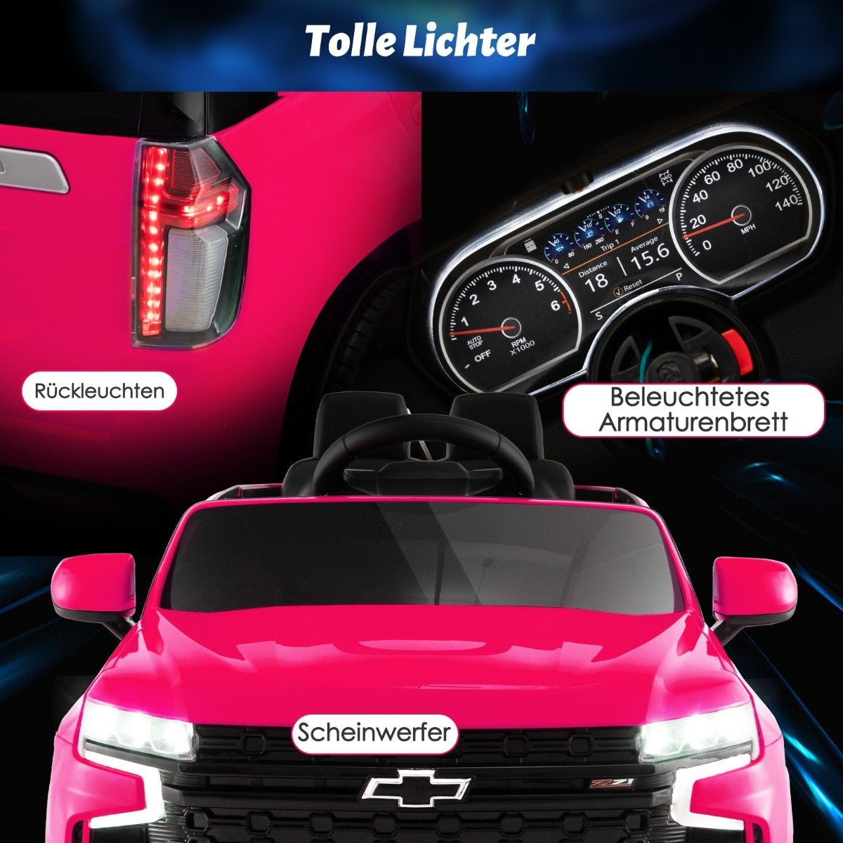 A pink toy car with illuminated lights and dashboard.