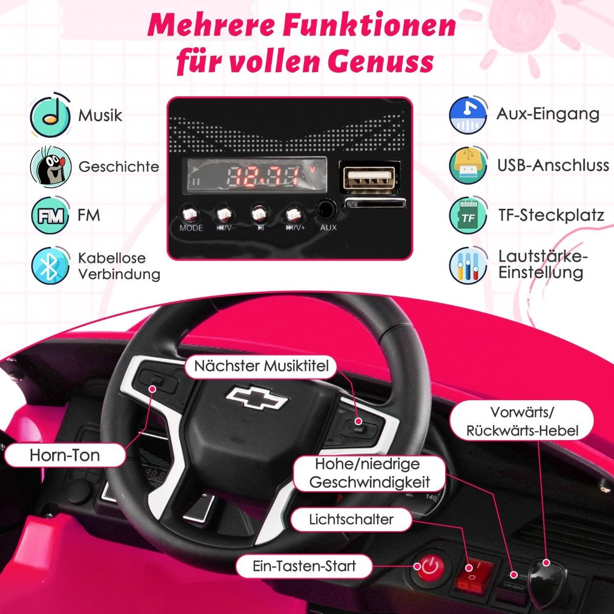 Dashboard of a pink toy car with steering wheel, radio, and control buttons.