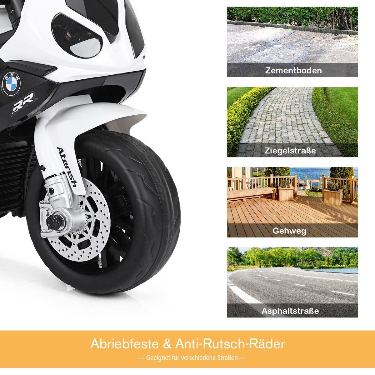 Close-up of a white and black motorcycle, next to it are four images of surfaces.