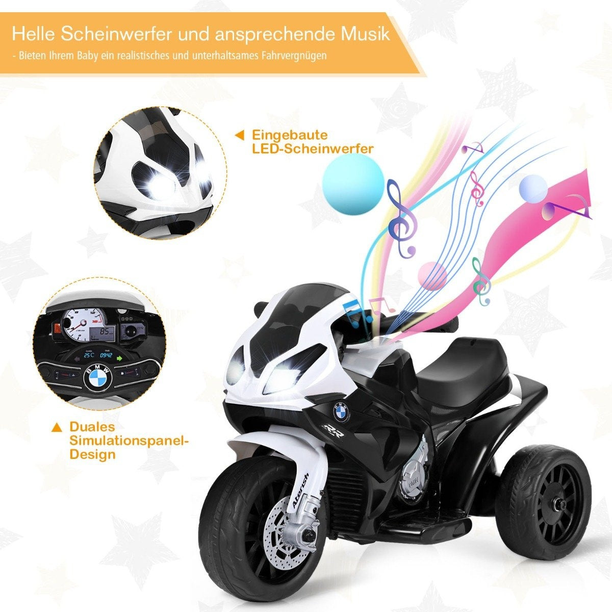 A black and white three-wheeled toy motorcycle with lights and music.
