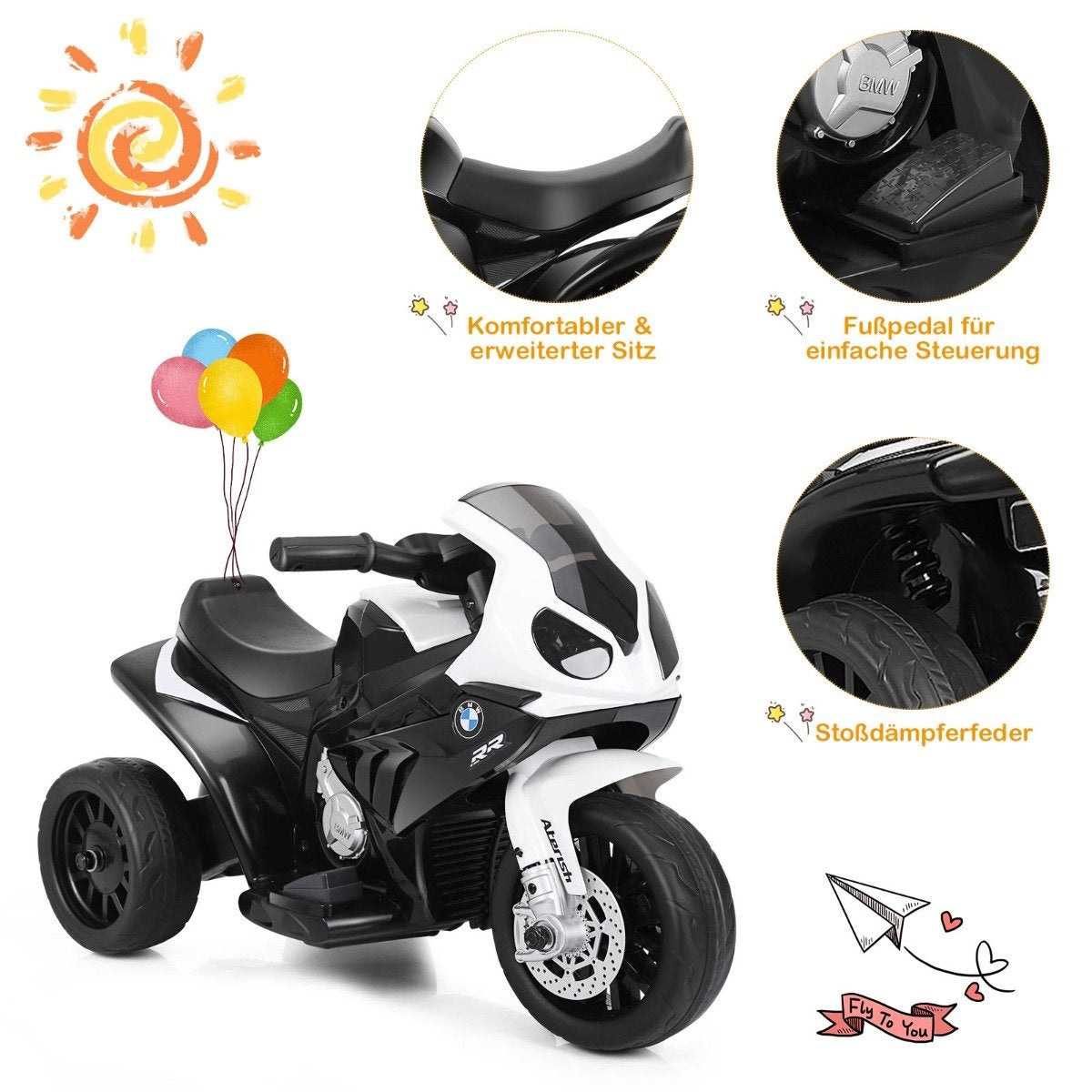 A black and white three-wheeled toy motorcycle with colorful balloons.