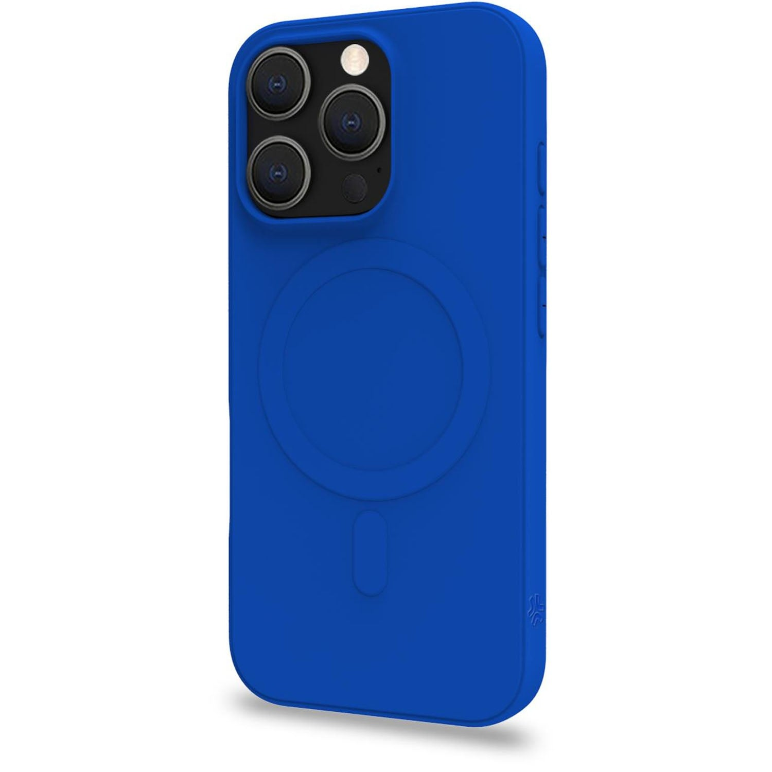 Custodia blu per telefono con modulo fotocamera e cerchio magnetico.