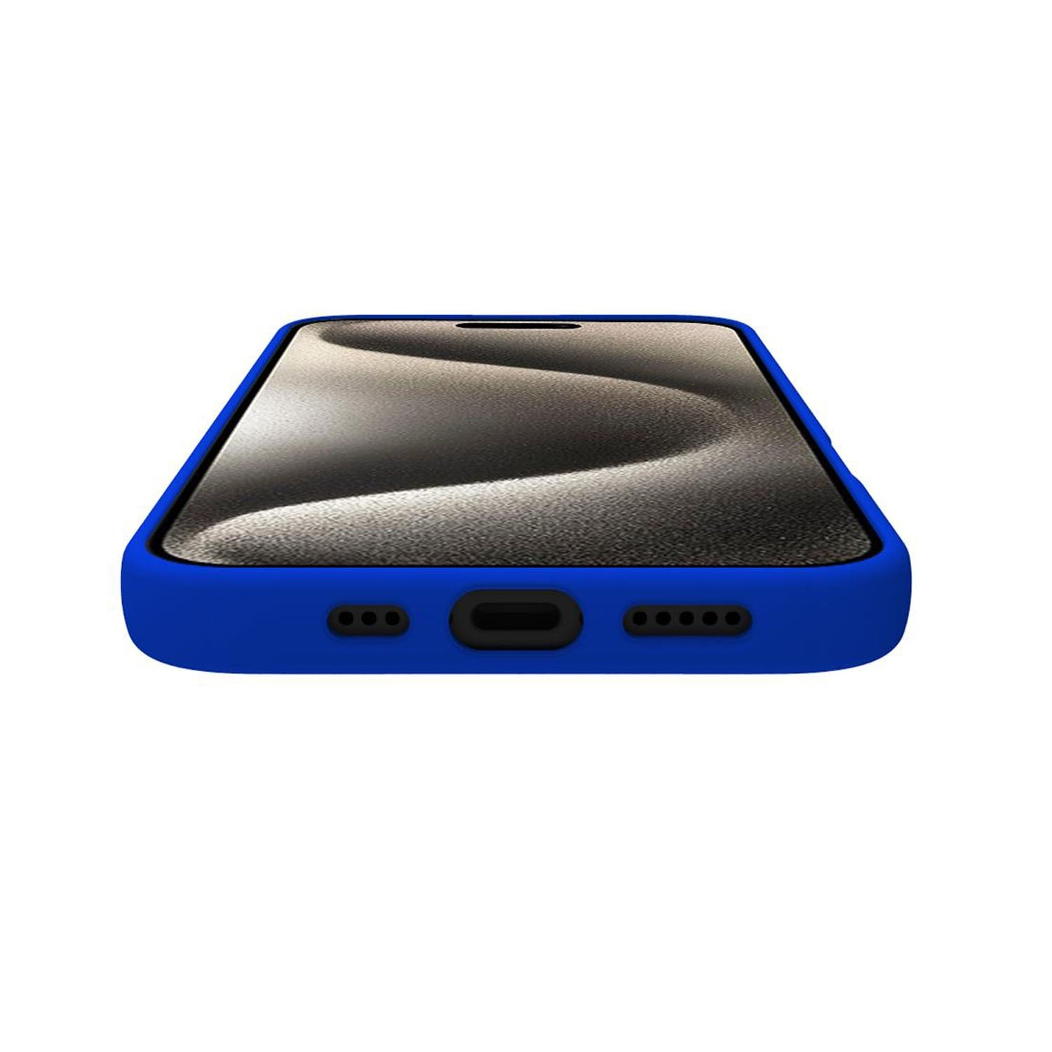 Una custodia blu per telefono che mostra il fondo con porta di ricarica e fori per altoparlanti.