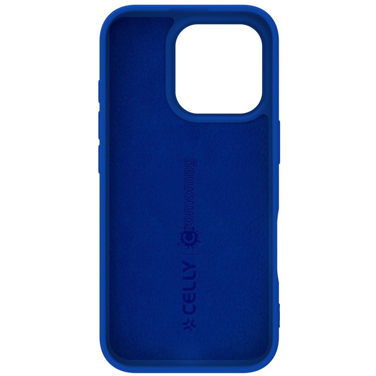Custodia blu per telefono con ritaglio fotocamera e logo.