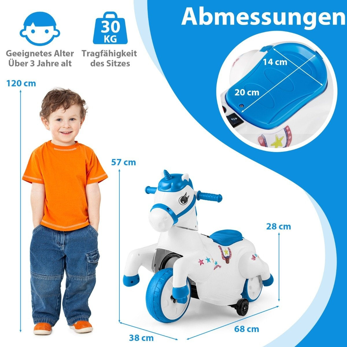Un niño está junto a un juguete blanco con forma de unicornio y detalles azules. Se muestran medidas.