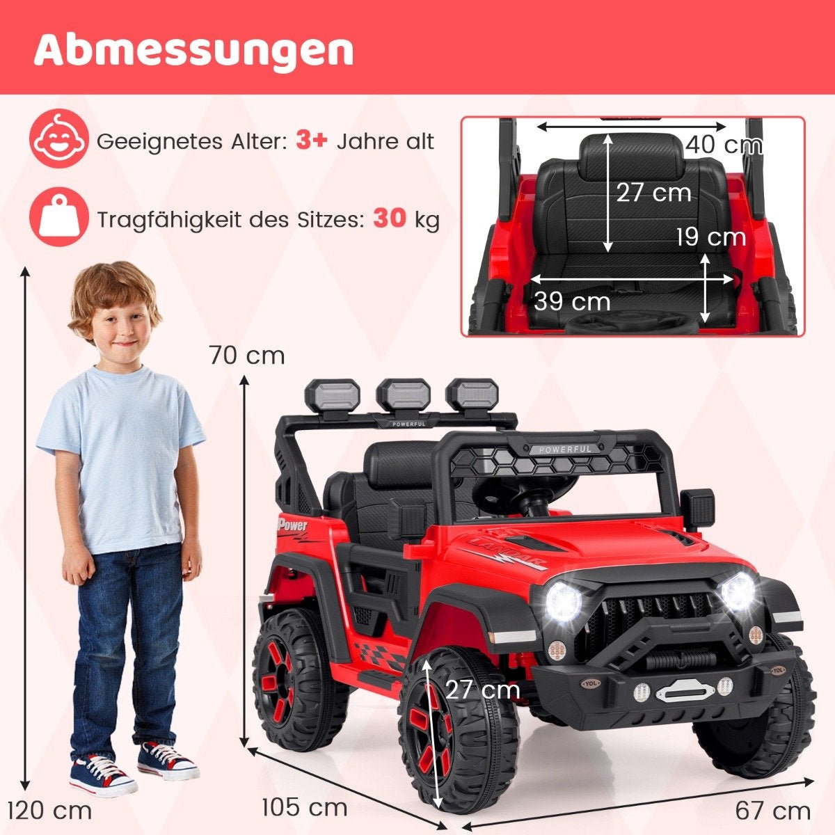 A red toy car with a boy next to it. Dimensions are shown.