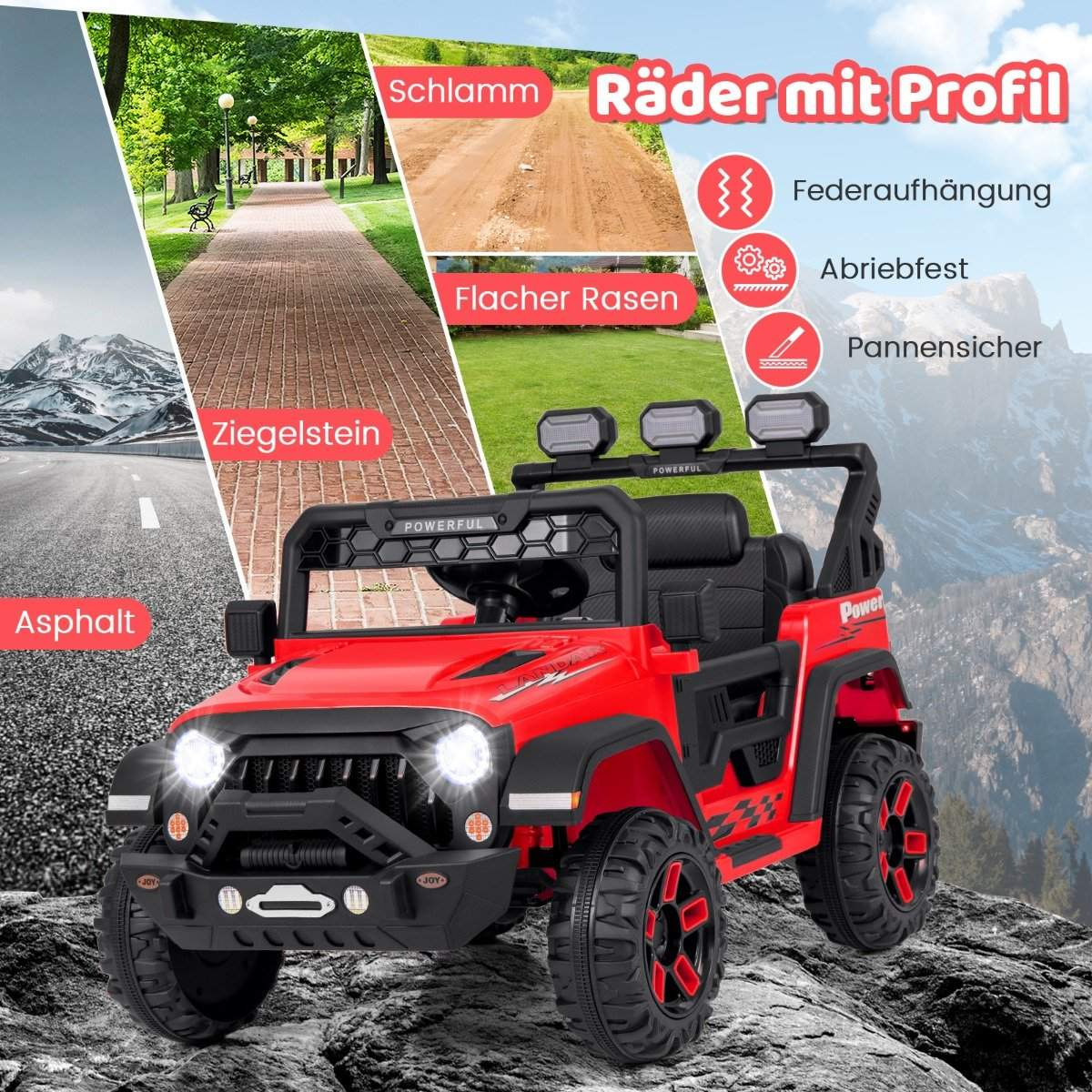 Red Jeep with treaded wheels on rocks, showing various surfaces like asphalt.