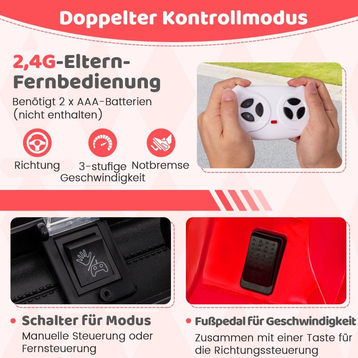 Dual control mode: remote control, switch, and foot pedal for children's vehicle.