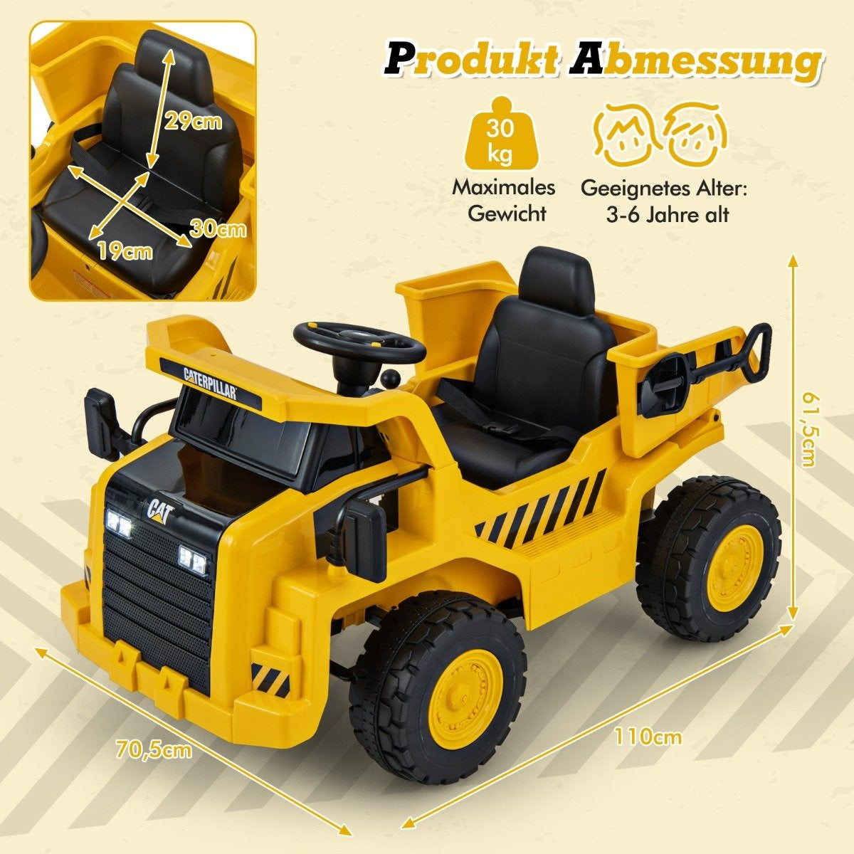 Yellow toy excavator for kids with seat, steering wheel, and dimensions. Max 30kg, 3-6 yrs.