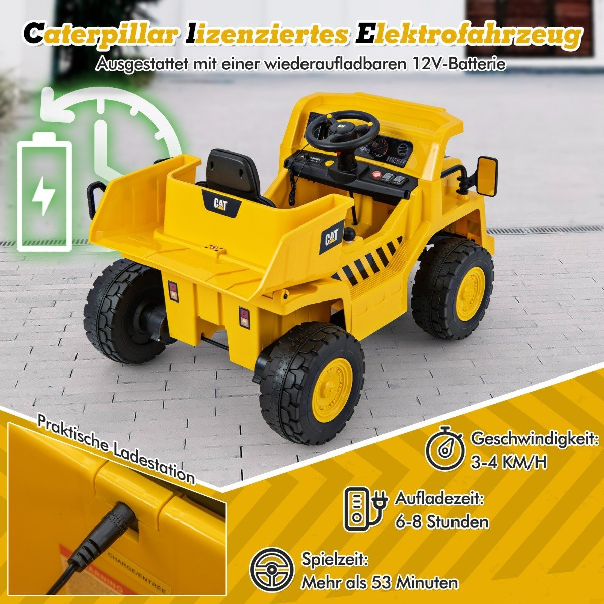 Yellow Caterpillar electric ride-on toy truck with charging port and info on speed, charge & playtime.