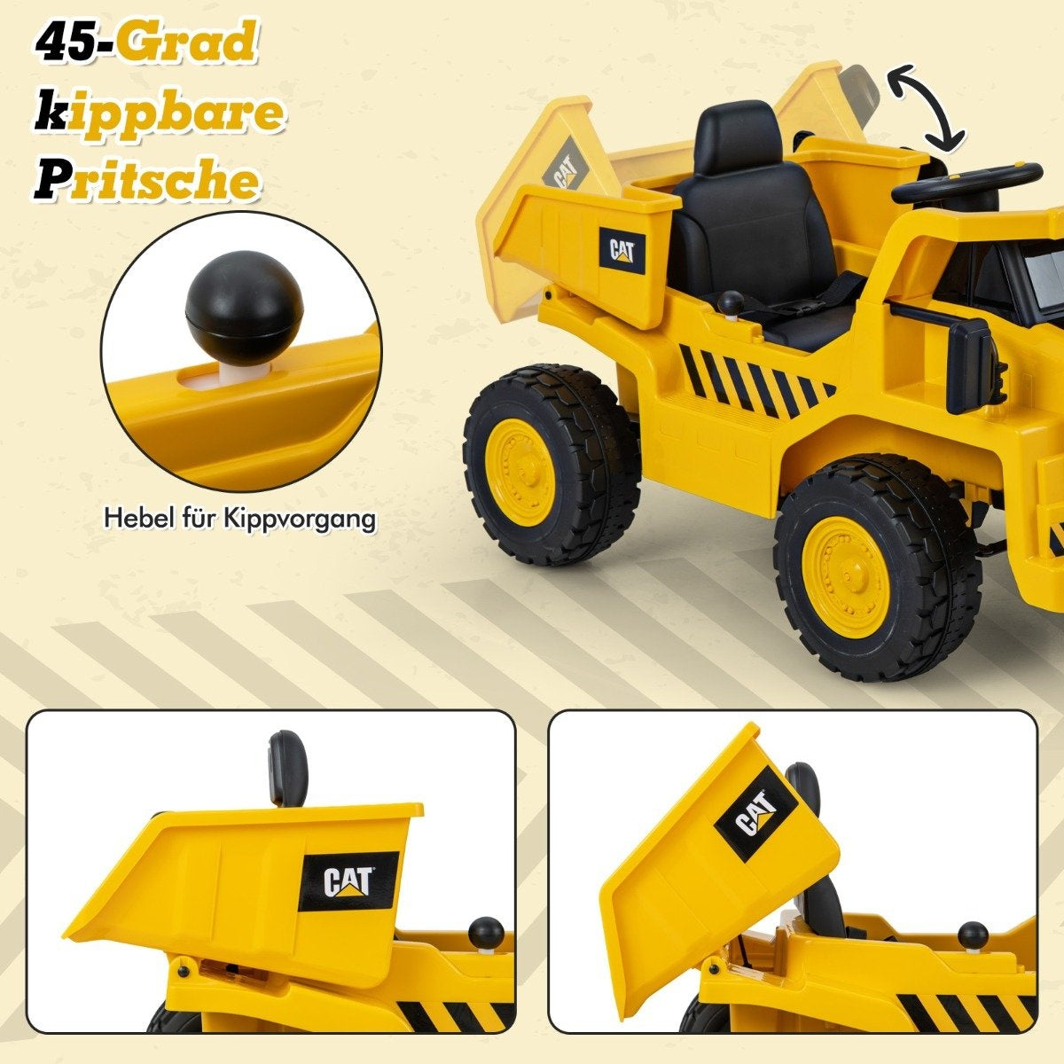 Yellow CAT dump truck with a tilting bed and lever.