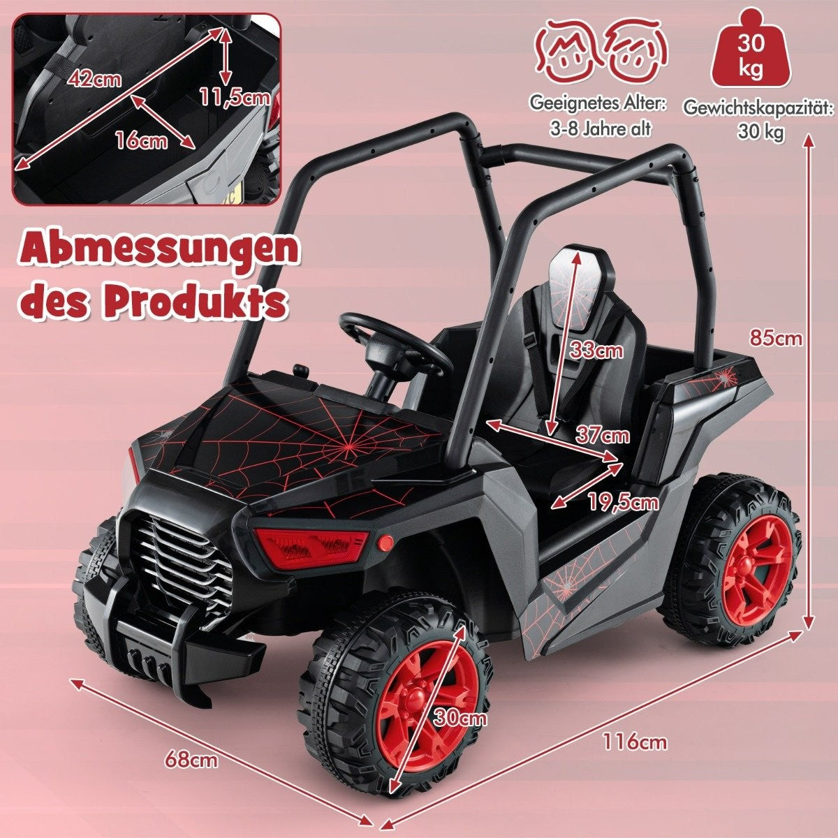 Black children's ride-on toy car with red spiderweb accents and dimensions.