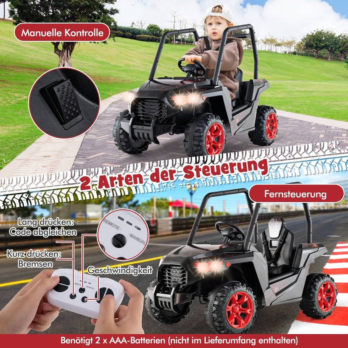 Child drives black electric buggy with red wheels, manual and remote control shown.