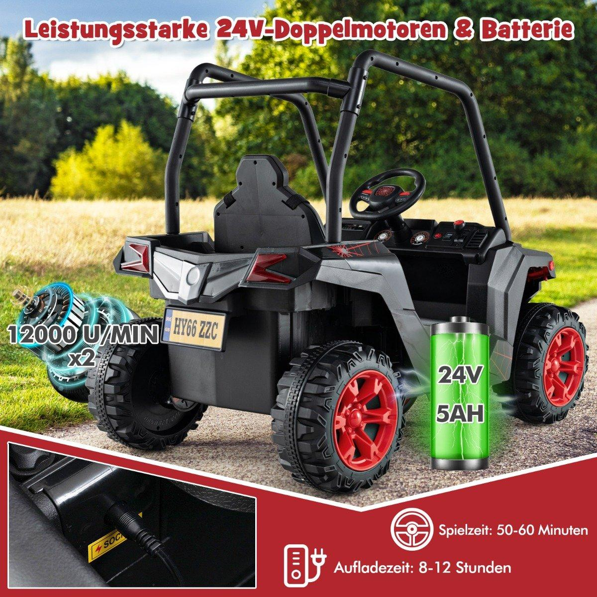 A black toy buggy with red wheels stands outdoors. With battery icon.