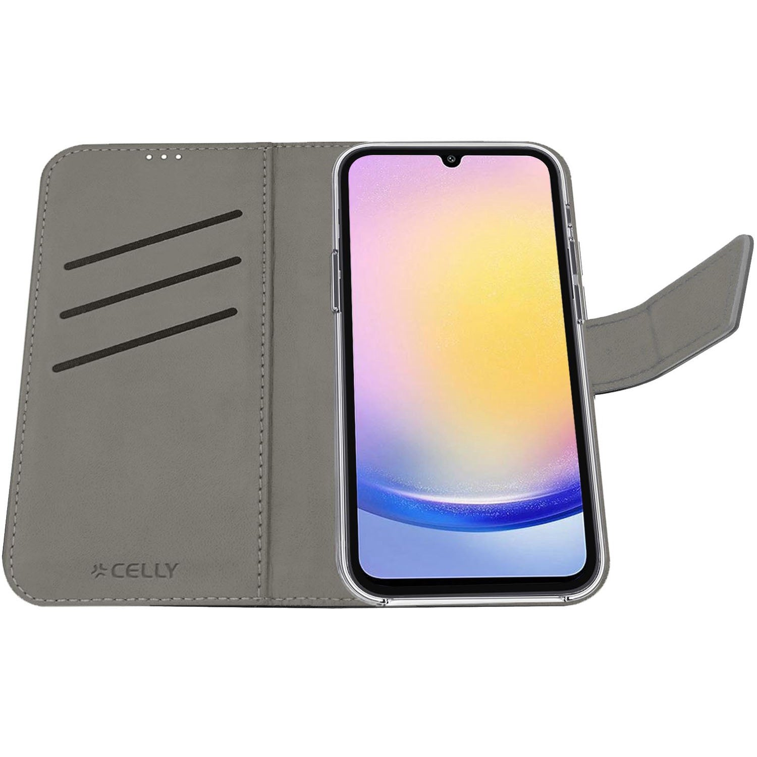 Custodia grigia aperta, mostra lo schermo del telefono con sfondo colorato. Slot sulla copertina sinistra.