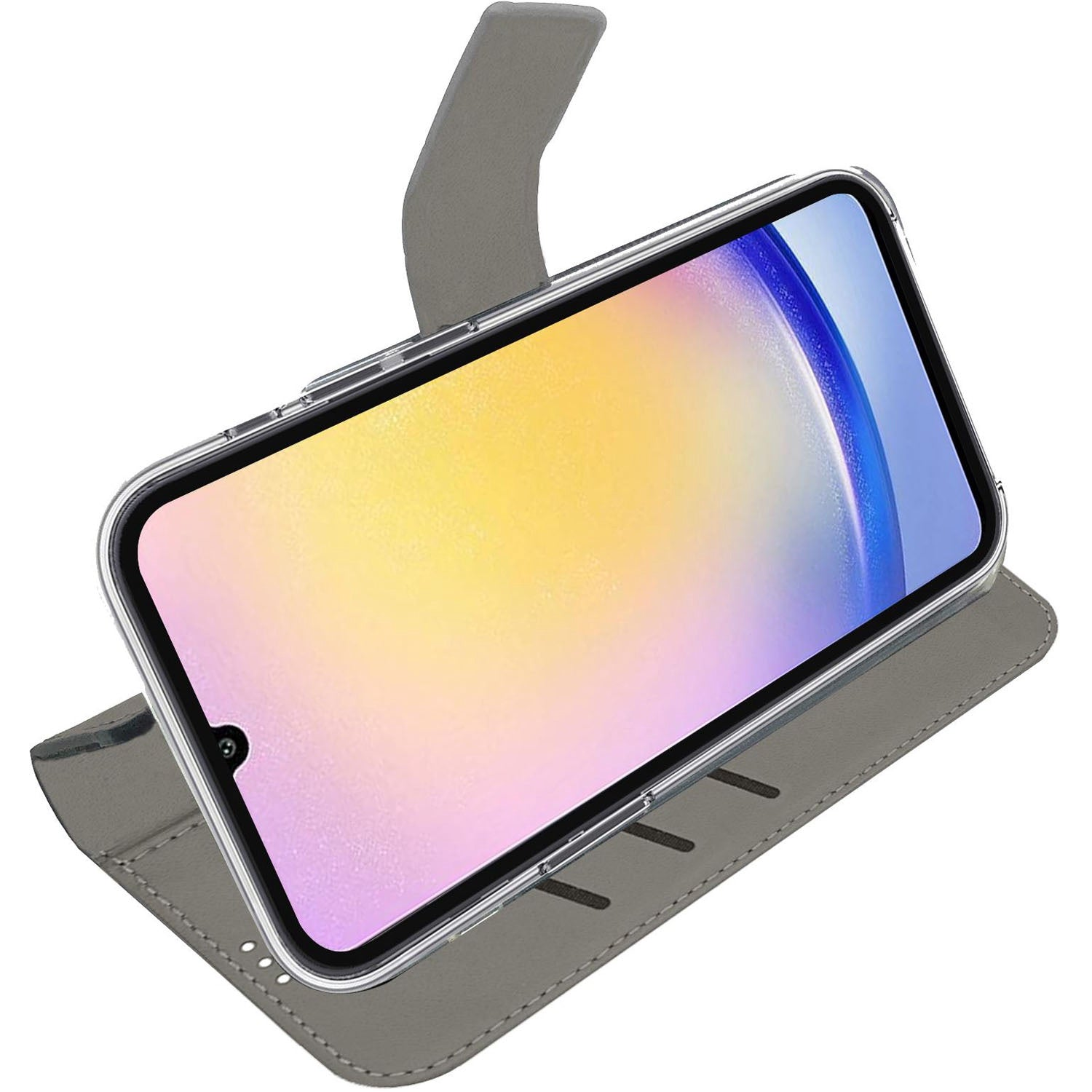 Uno smartphone in una custodia grigia, con la patta aperta, schermo colorato.