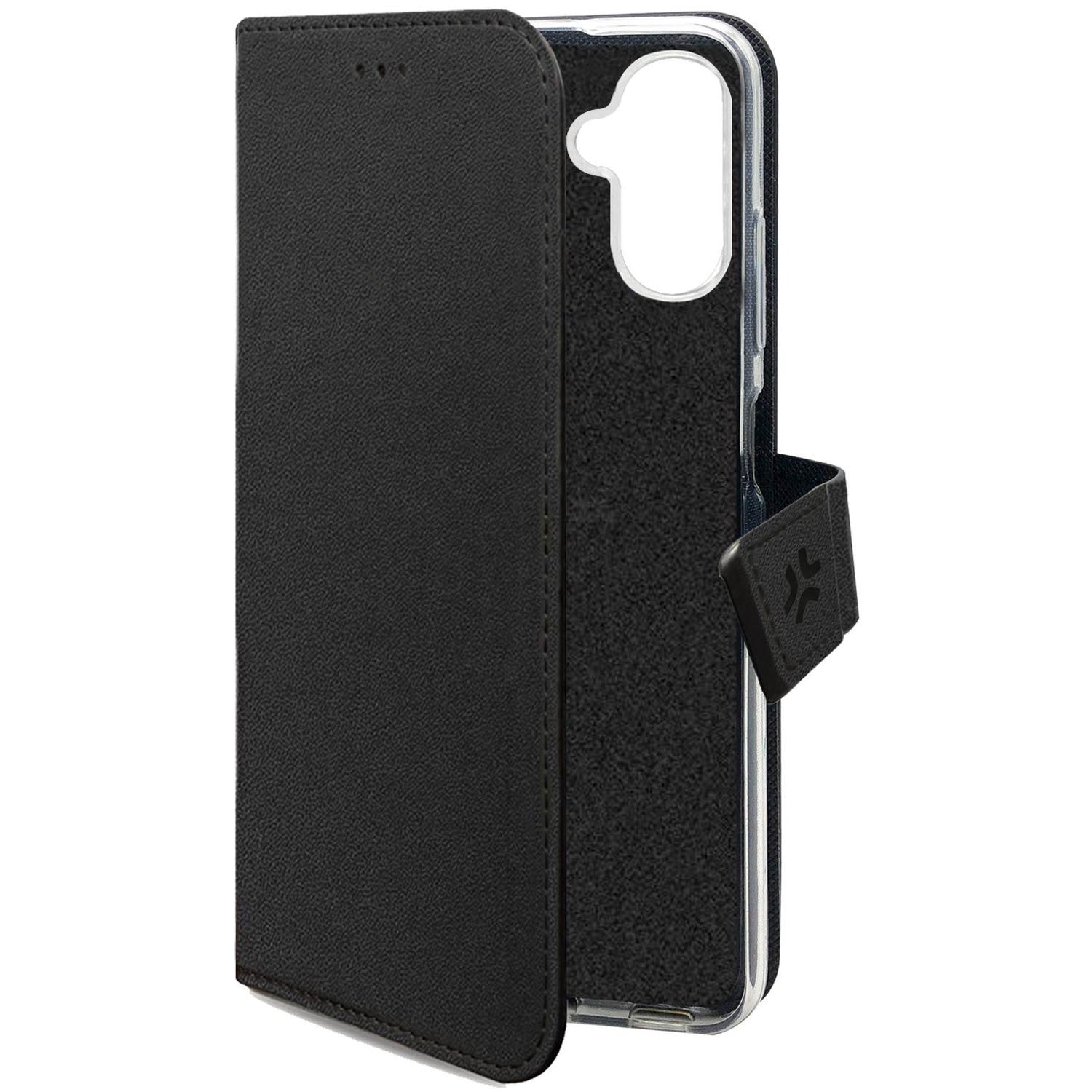 Custodia nera a flip per telefono con ritaglio per fotocamera.