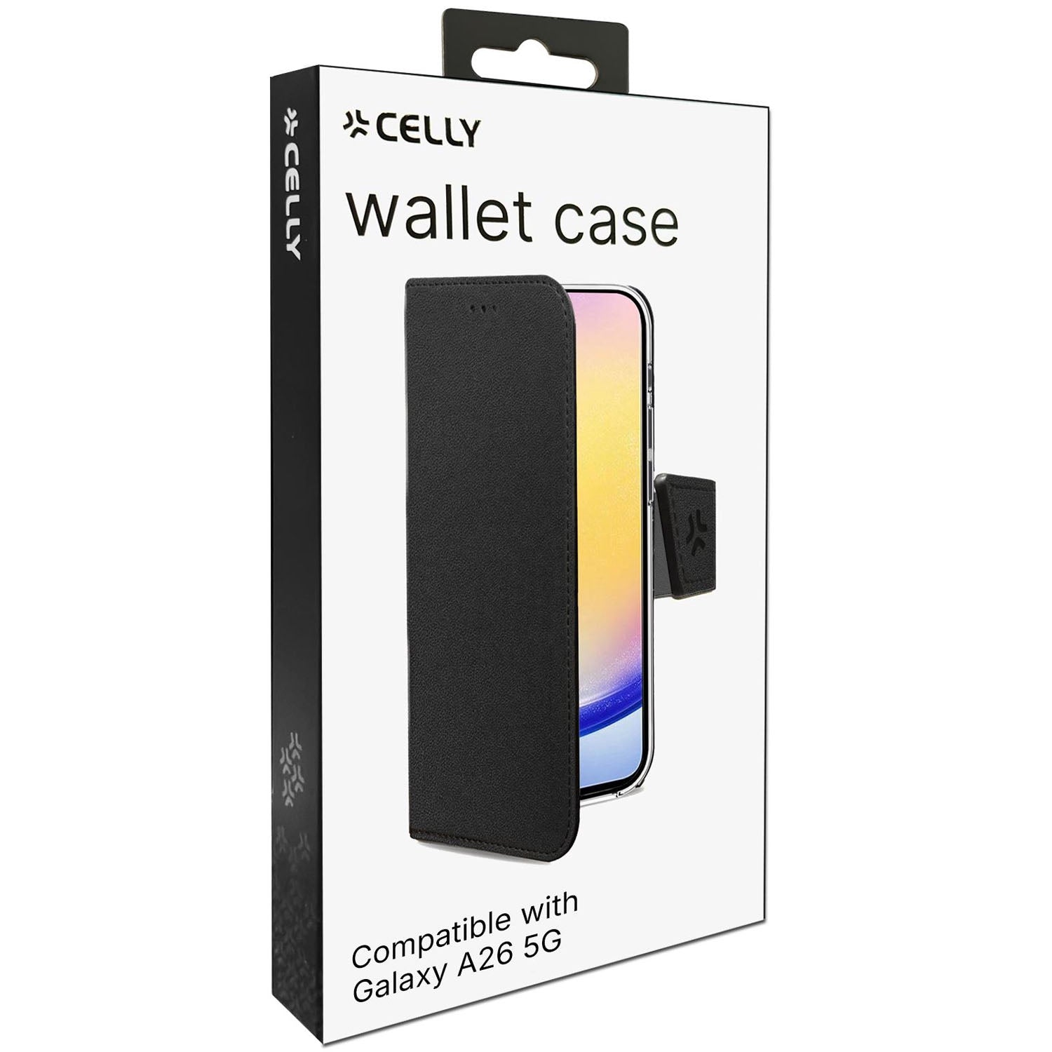 Custodia a portafoglio nera per telefono Galaxy A26 5G con logo CELlY.