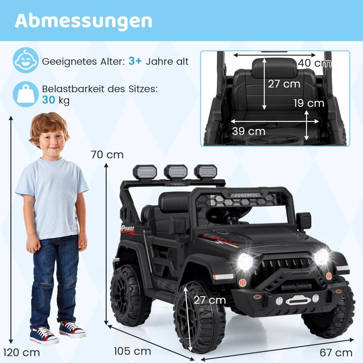 A boy stands next to a black toy car. Dimensions are indicated.