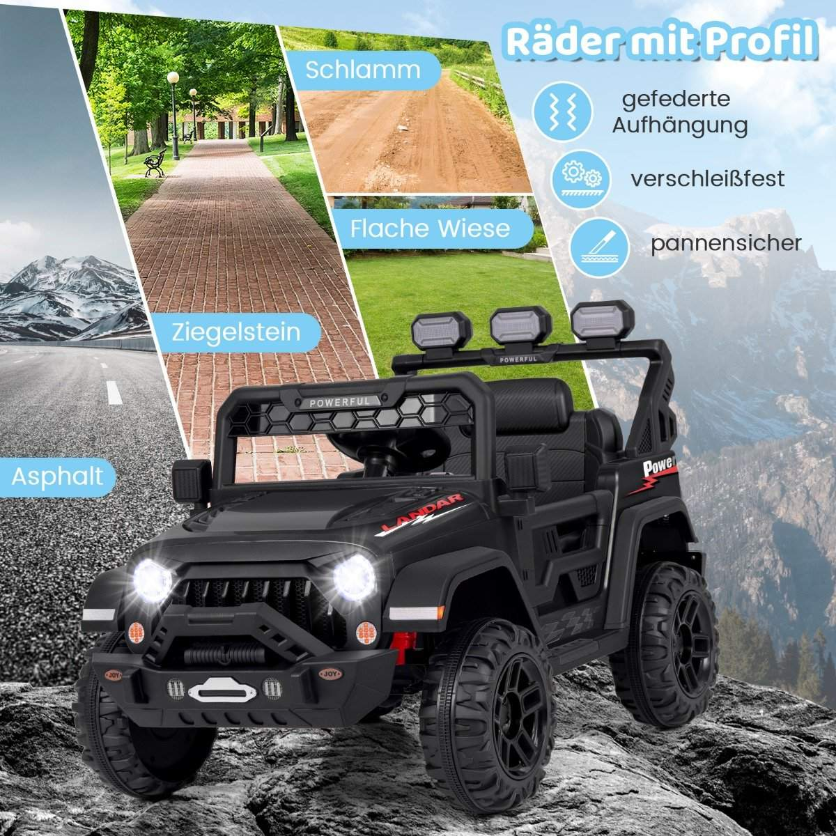 Black Jeep with treaded tires on rocky ground, showing various terrains.