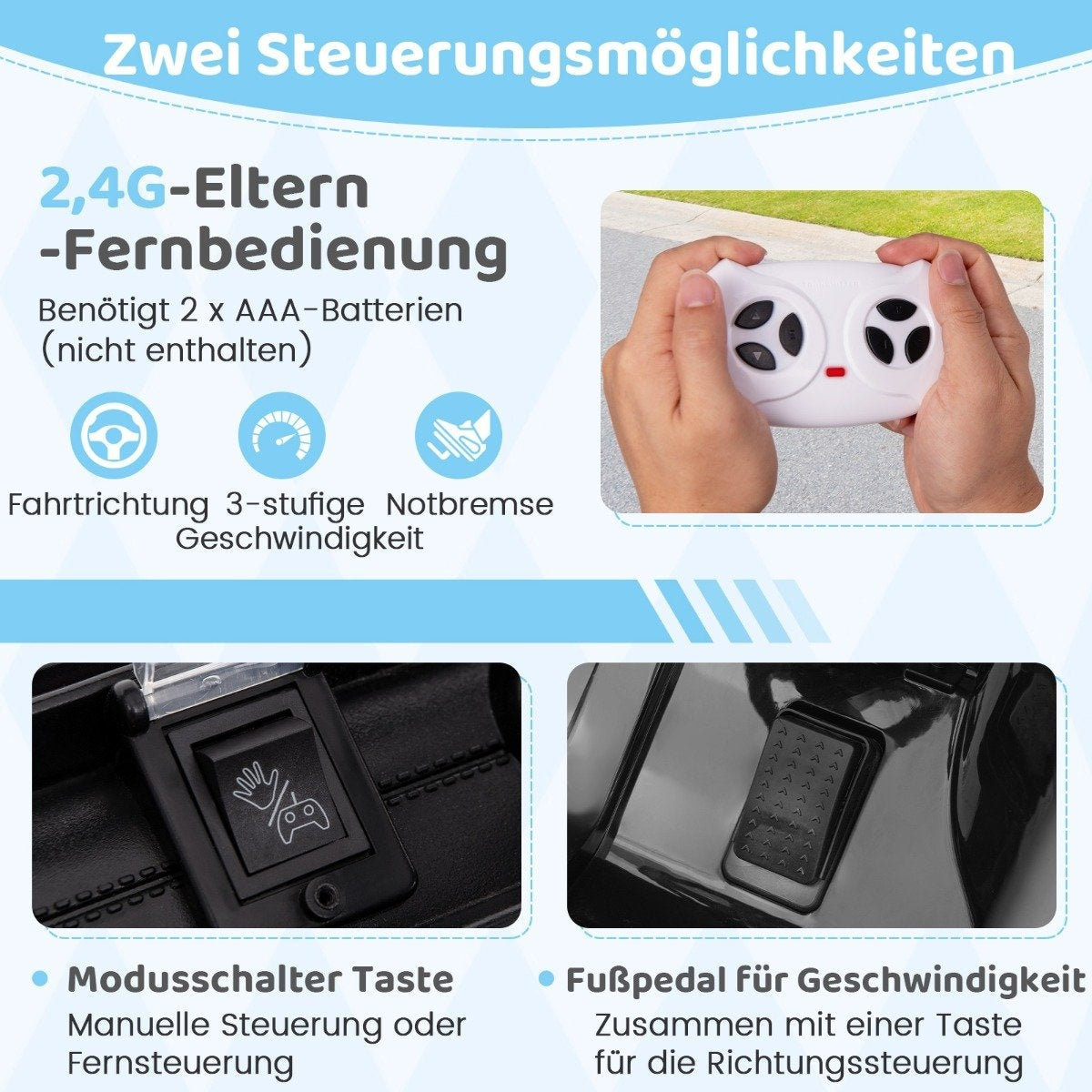 Two control options: Remote control and foot pedal with switch.