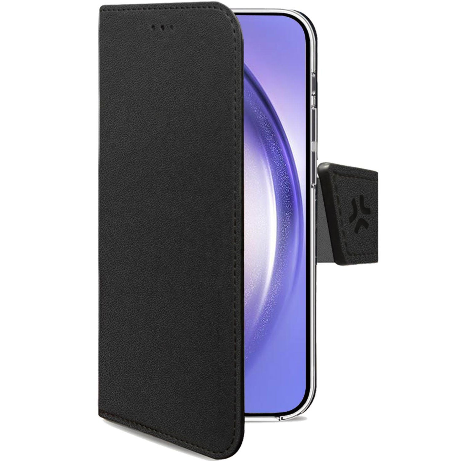 Custodia a libro nera per telefono con supporto, che mostra parte di uno smartphone.