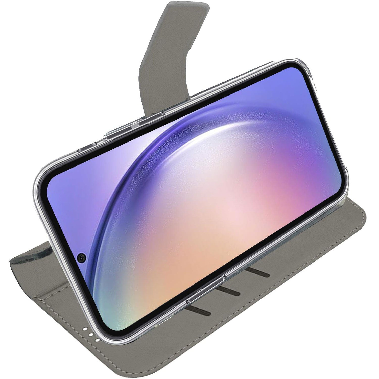 Custodia a libro grigia con cornice trasparente che regge uno smartphone.