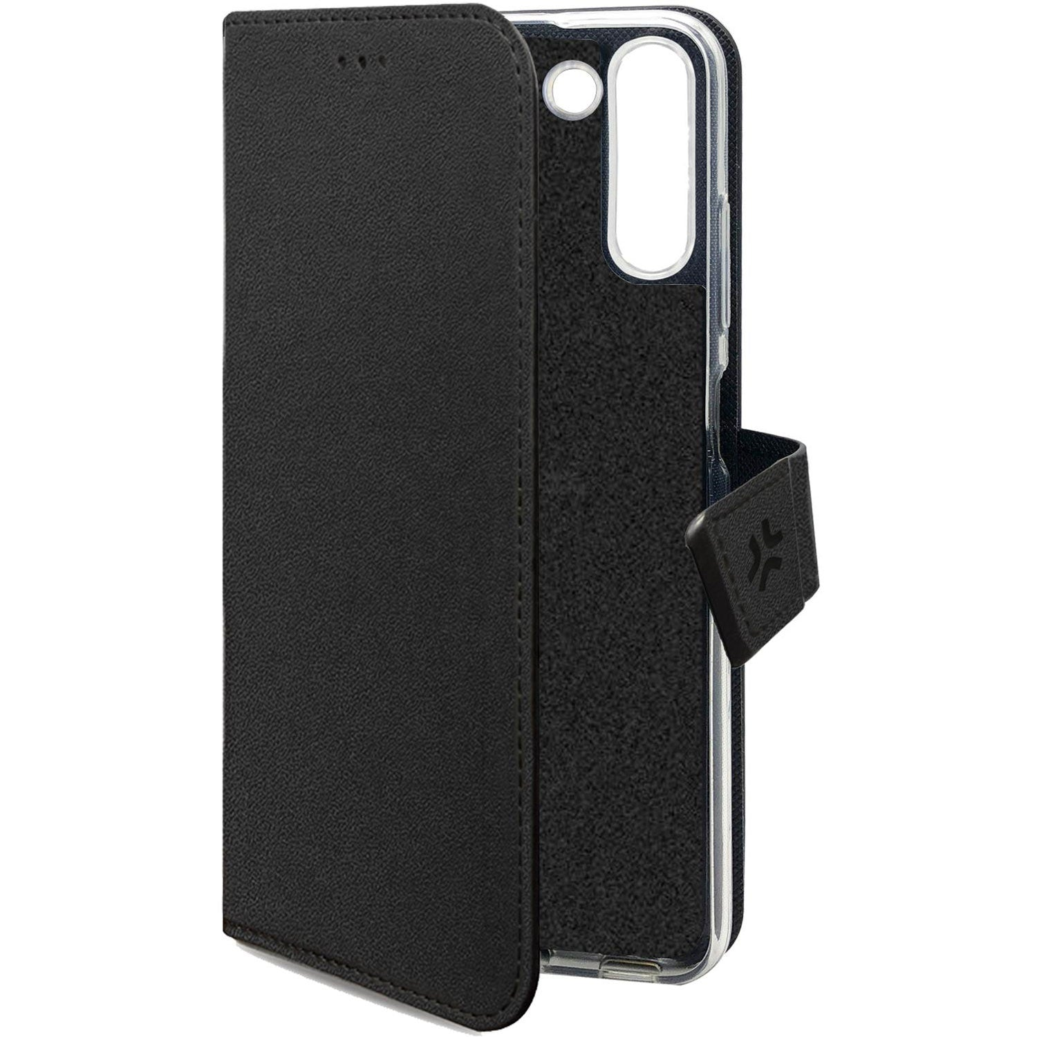 Custodia a libro in pelle nera per smartphone con ritaglio fotocamera.