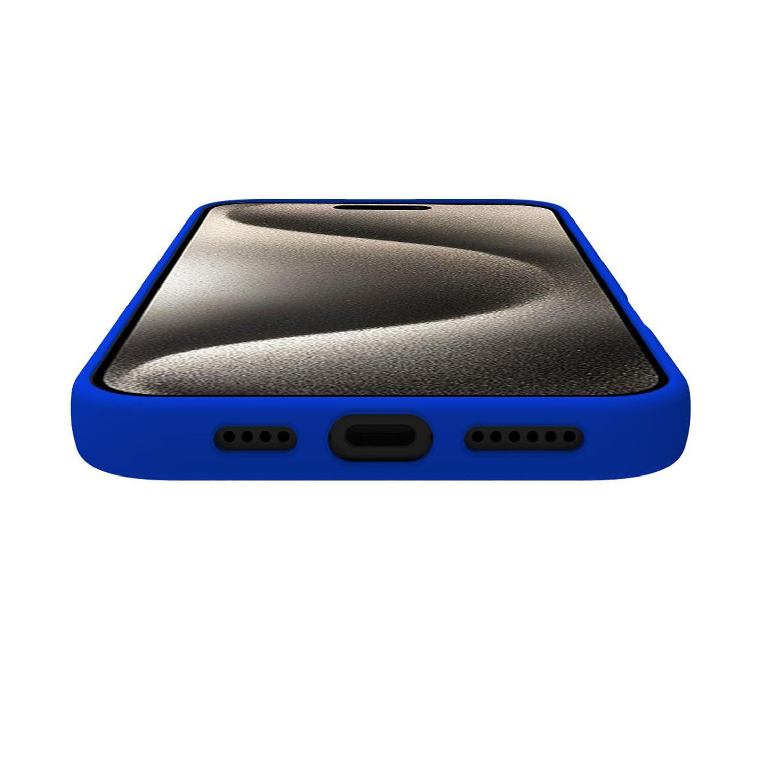 Una custodia blu per telefono con un ritaglio nero per la porta di ricarica e gli altoparlanti.