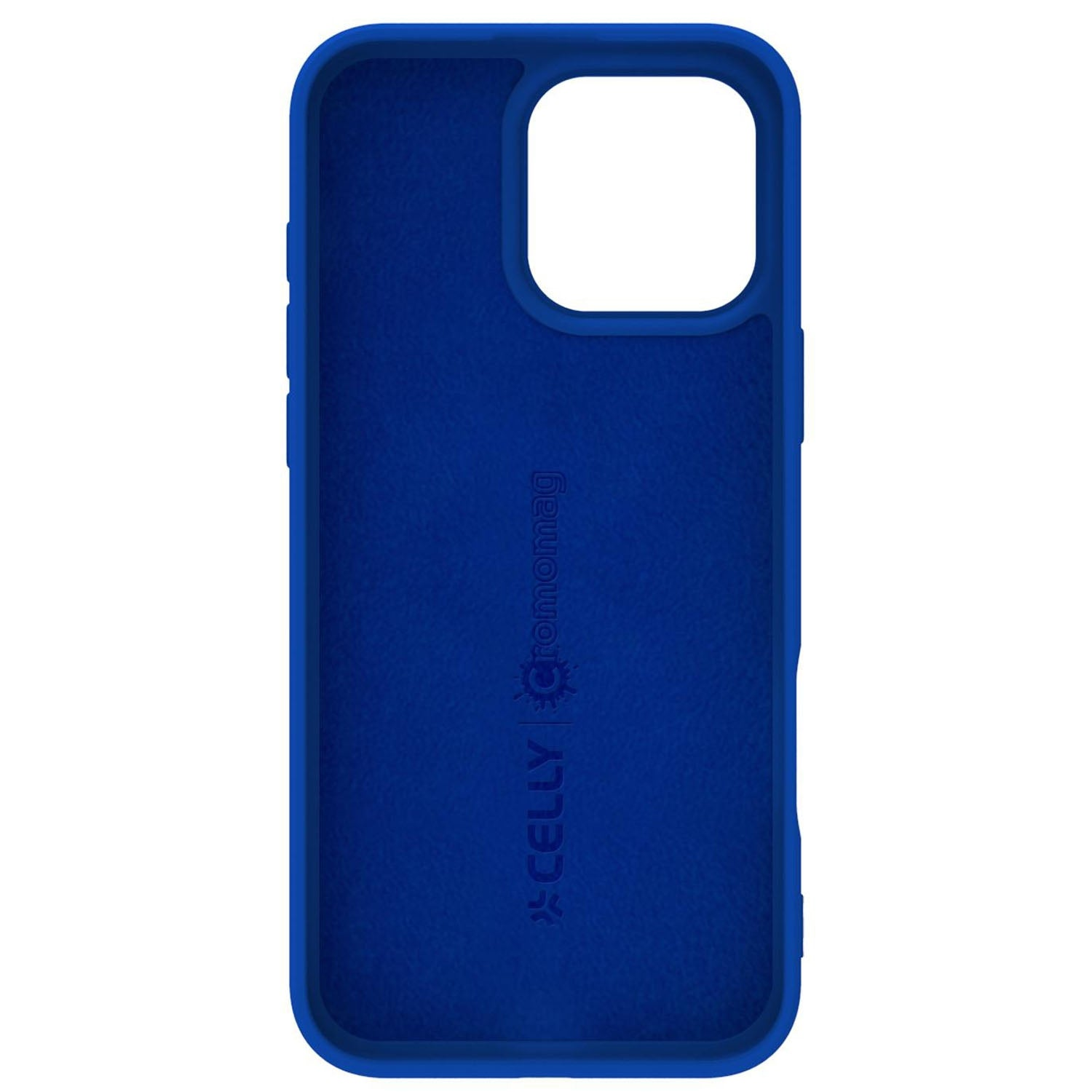 Una custodia blu per telefono su sfondo bianco. L'interno è visibile.