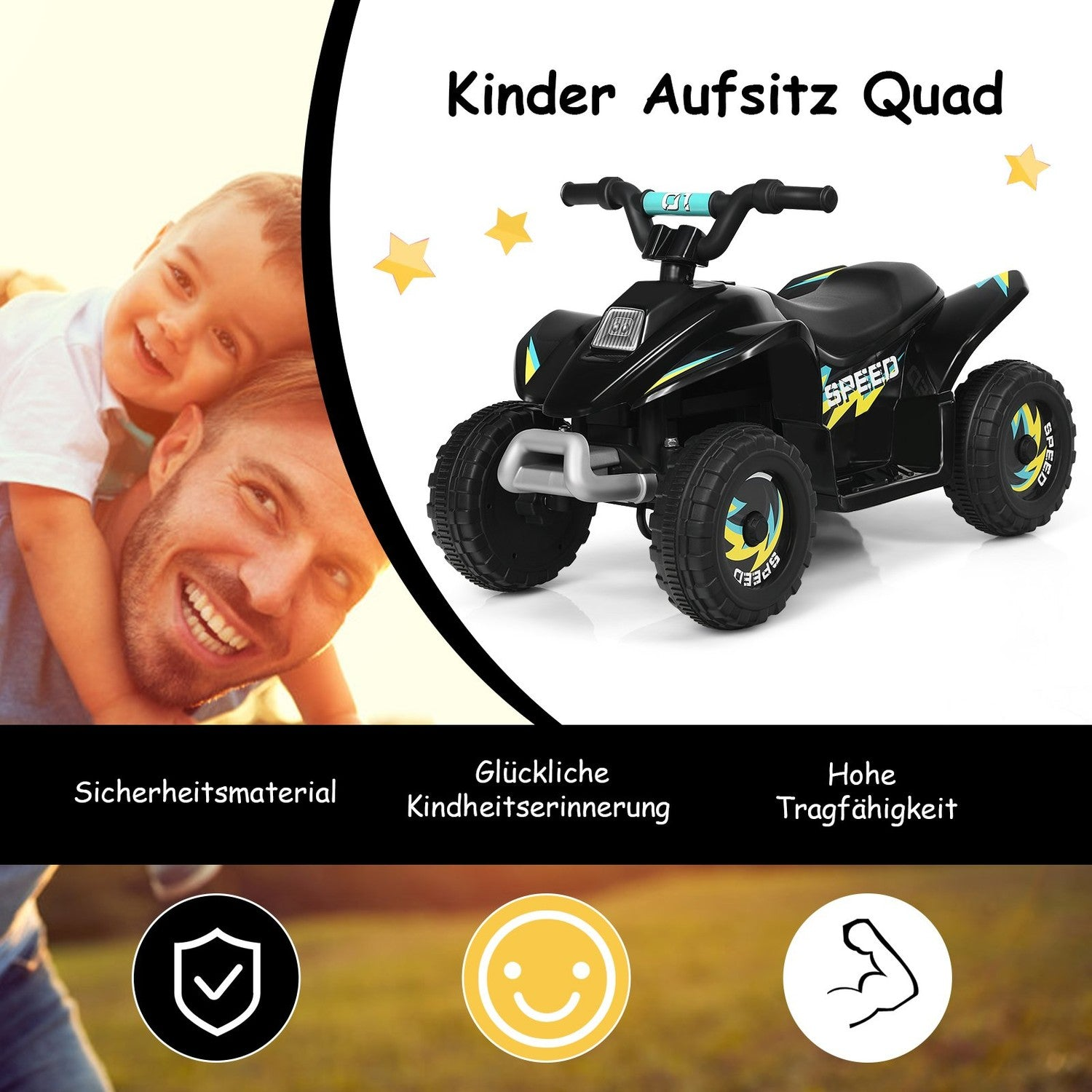 A father and son laugh, a black kids quad with stickers is shown.