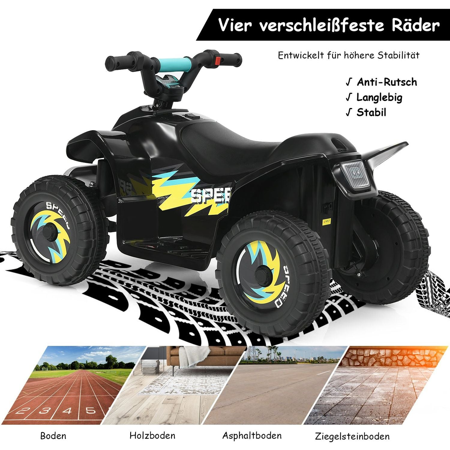 Black children's quad bike with blue accents on a tire track mat.