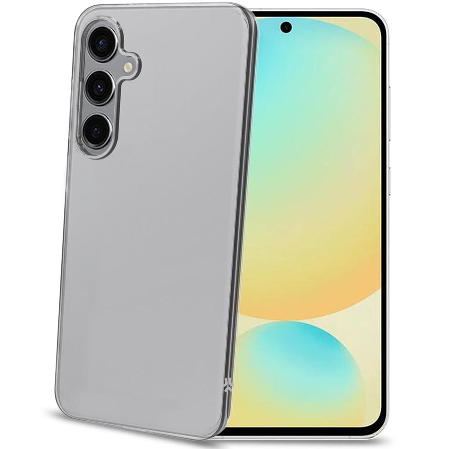 Funda transparente para teléfono en un smartphone con pantalla colorida.