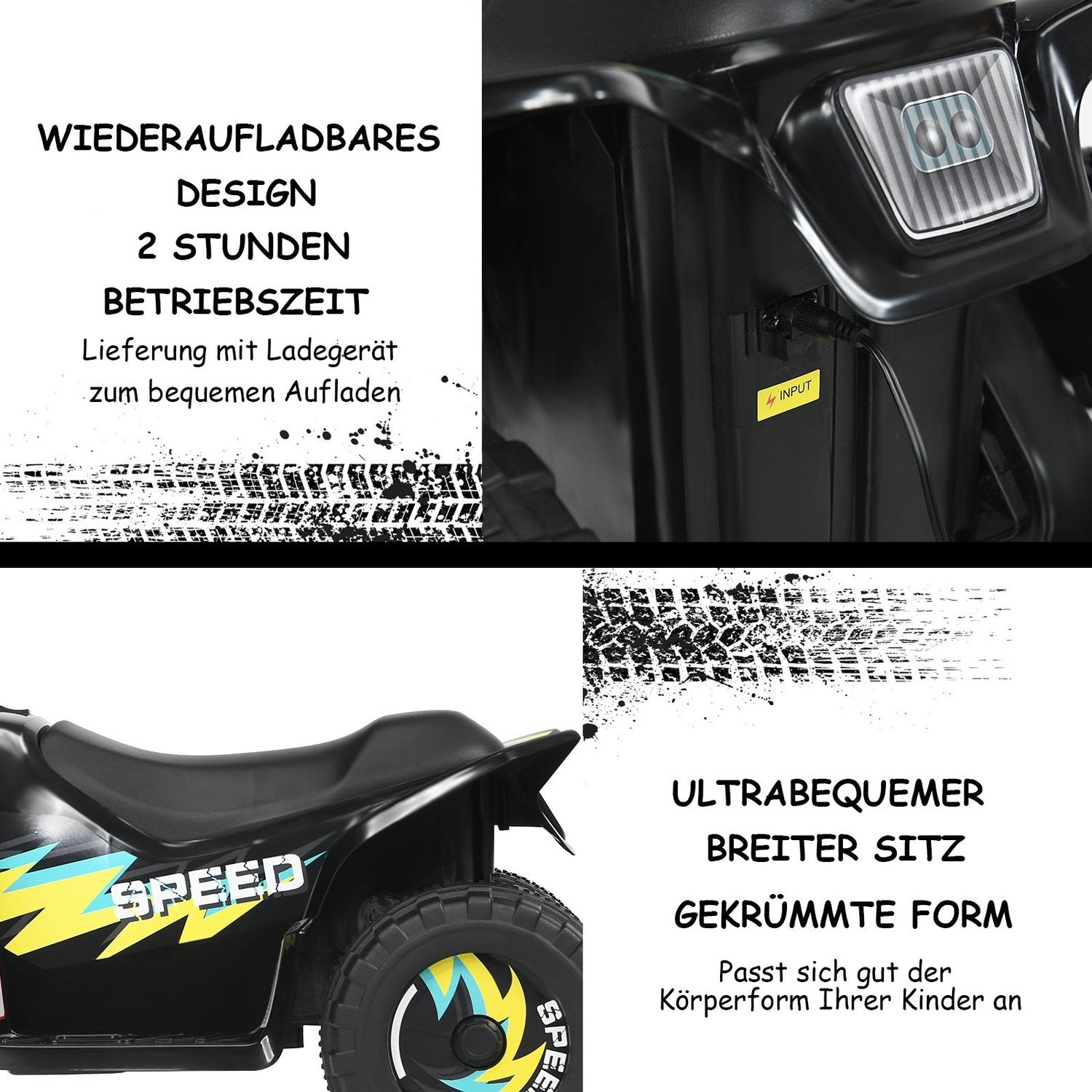 Rechargeable design, 2 hr. runtime, charger incl. Black kids' quad with stickers.