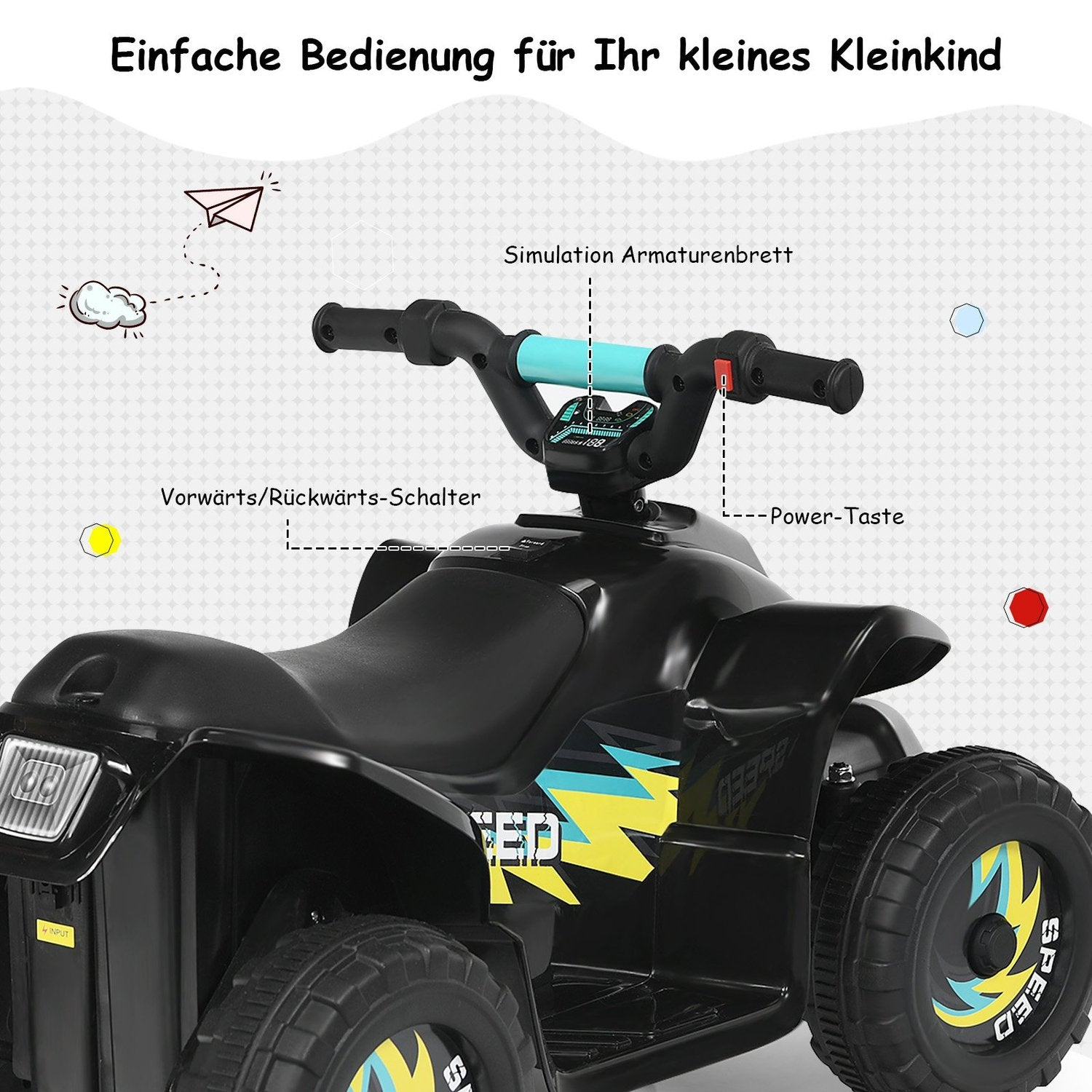 Black child's ATV with handlebars, switches, and decals.