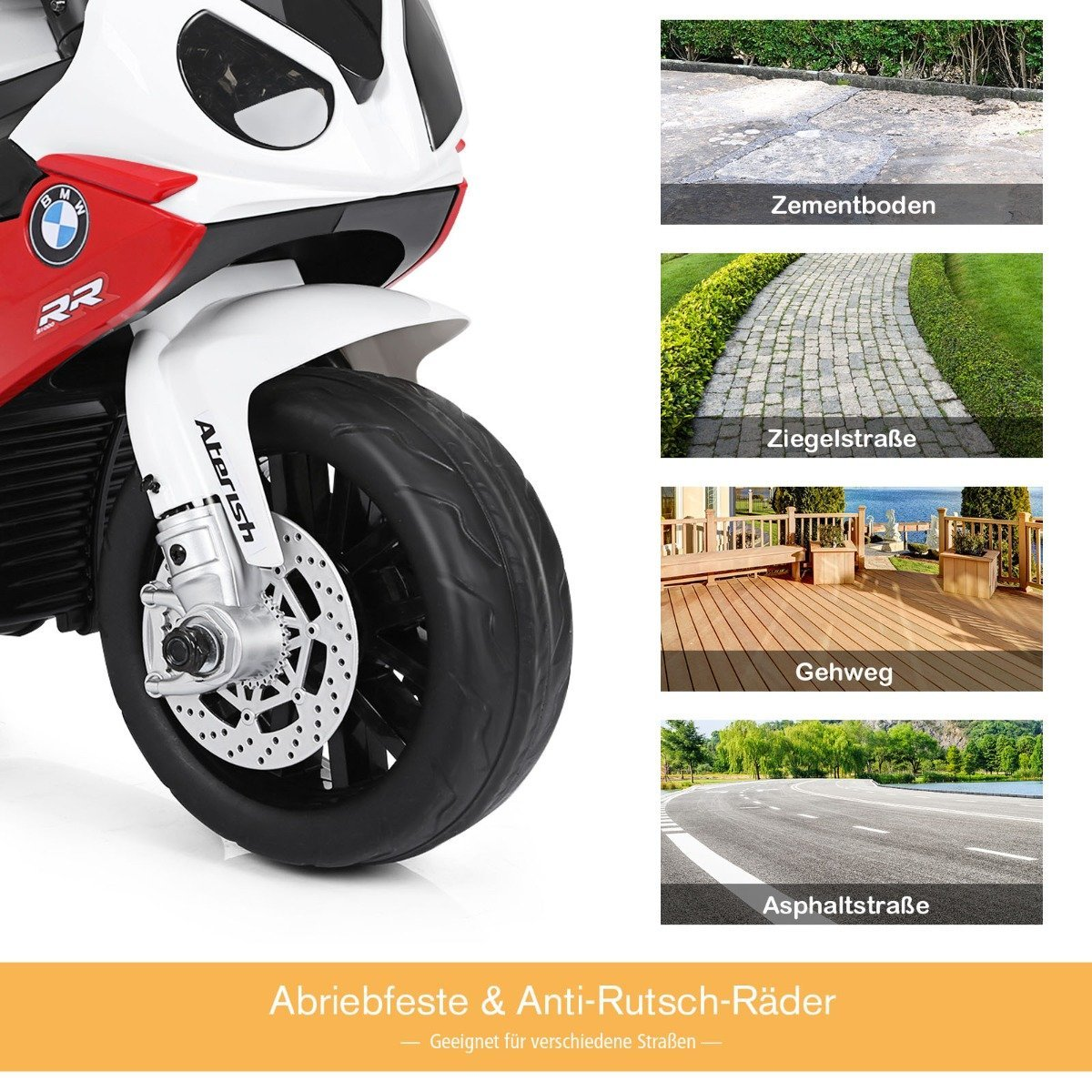Front tire of a red and white toy motorcycle, next to images of roads.