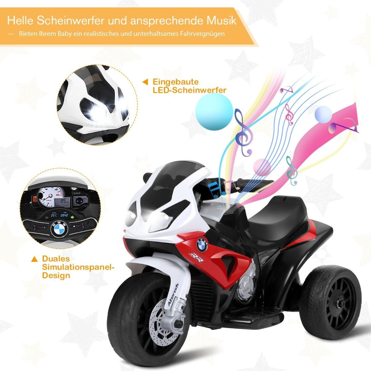 A white and red toy motorcycle with lights and music symbols.