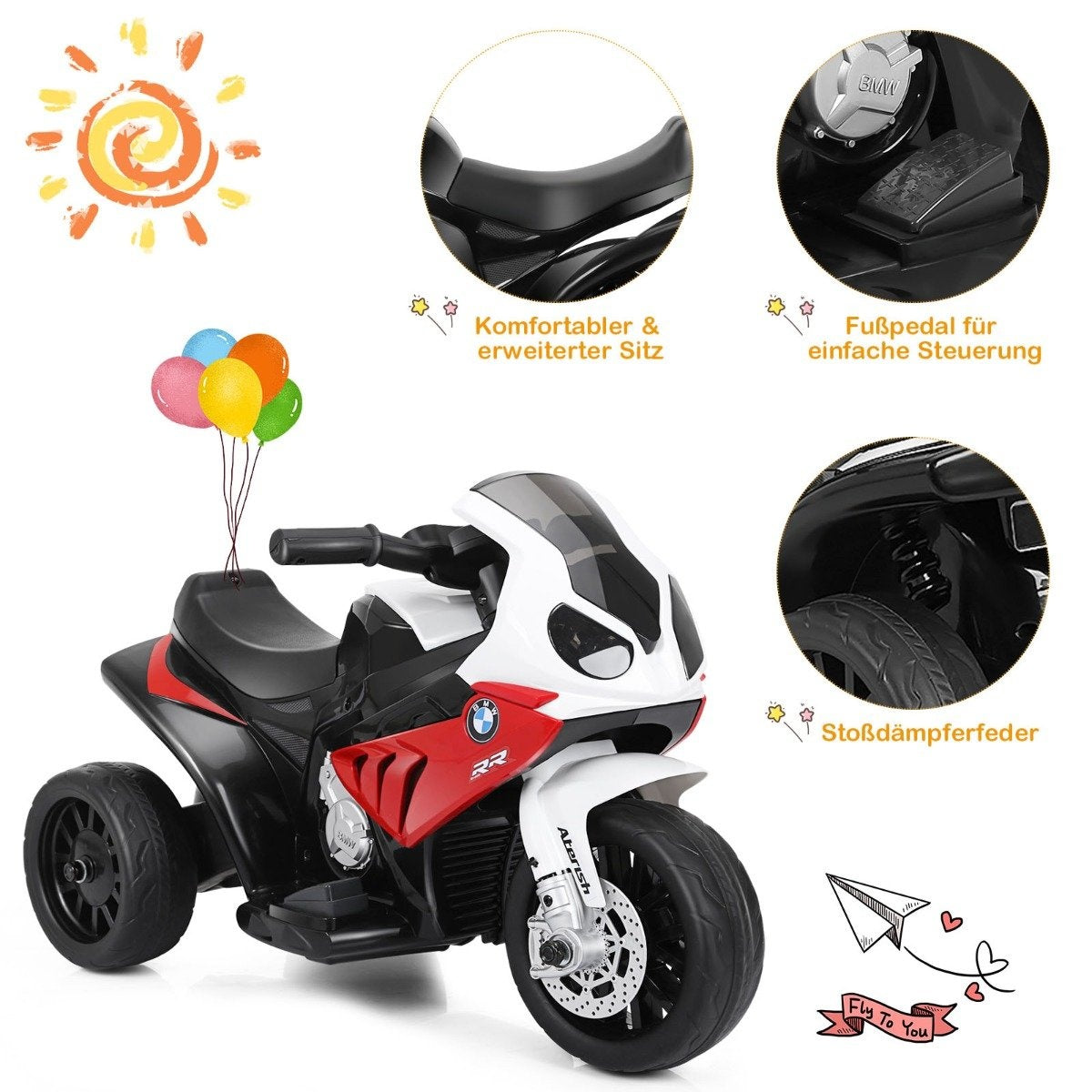 A red and white toy motorcycle with three wheels and colorful balloons.