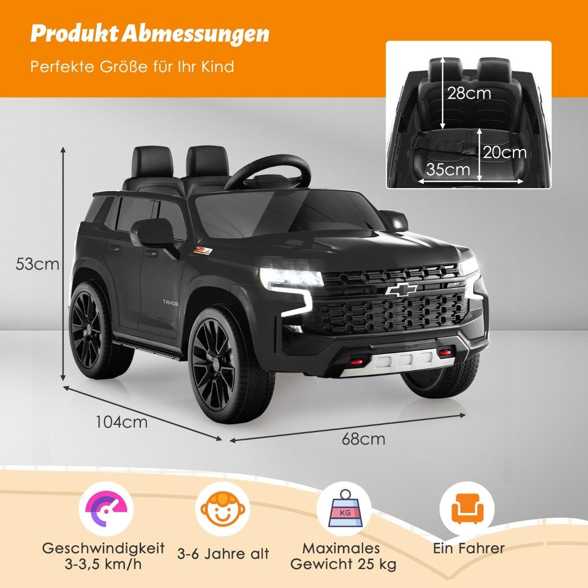 Black children's electric car with dimensions: 104x68x53cm. Load capacity up to 25kg.