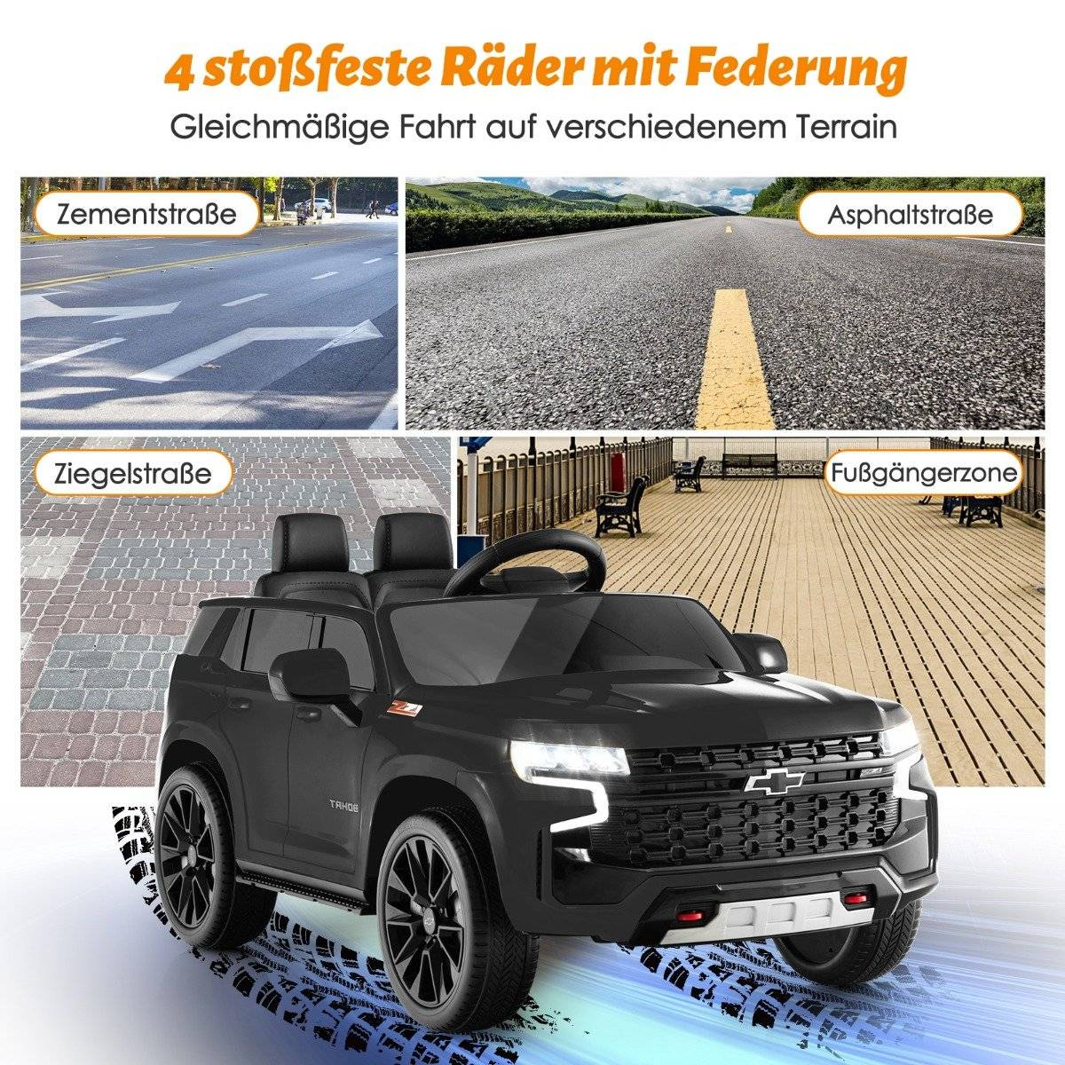 Black electric car with four images of different road surfaces.