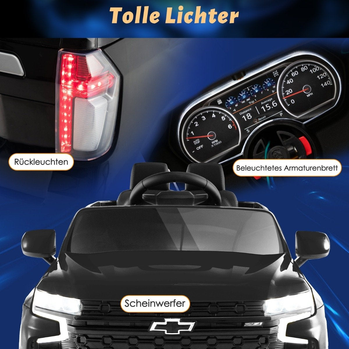 Black electric car with illuminated headlights, taillights, and dashboard.