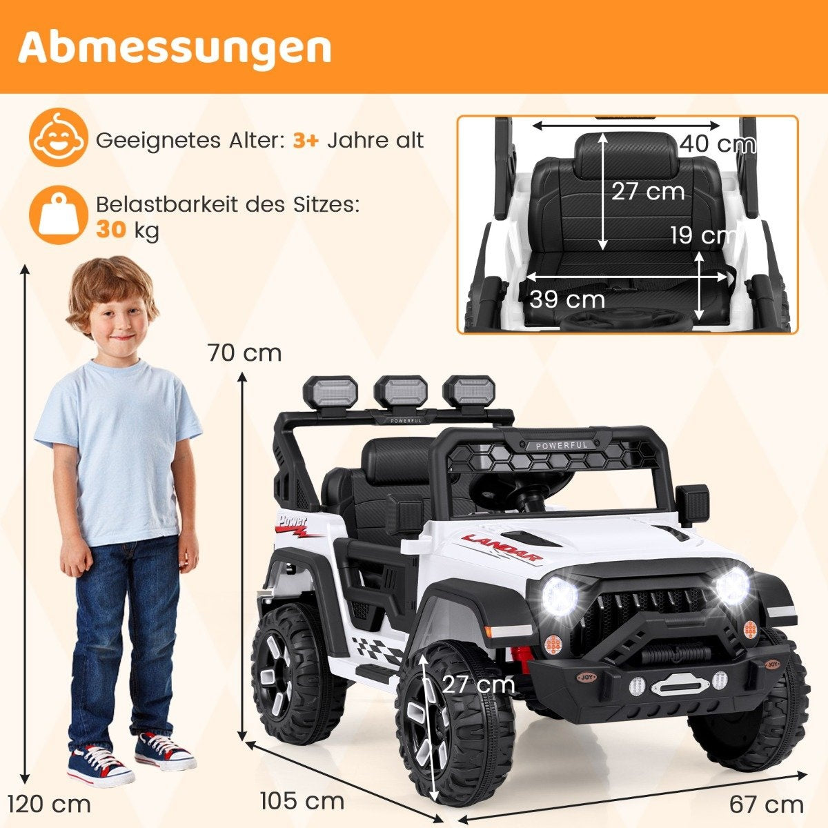 A boy stands next to a white electric toy car. Dimensions are indicated.