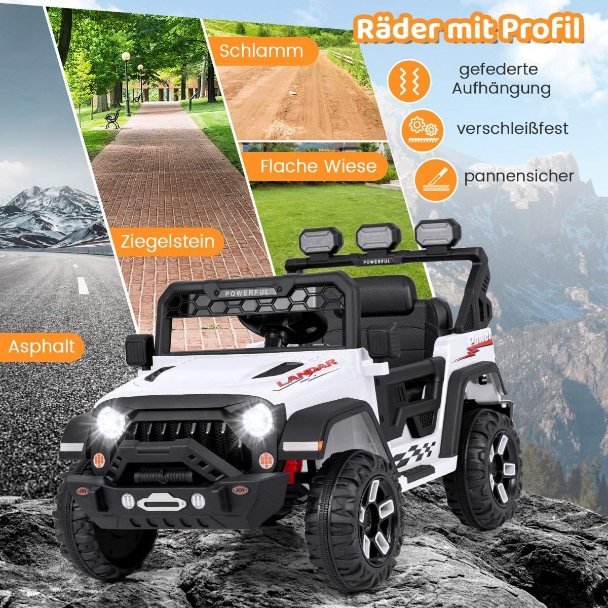 A white electric toy jeep with treaded tires sits on rocks.